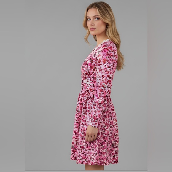 Floral Print Guipure Lace Trim Ruched Front Dress - Picture 3 of 9